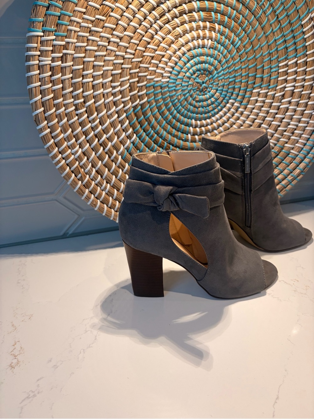 Nine West Gray Suede Peep-Toe Ankle Boots with Side Bow